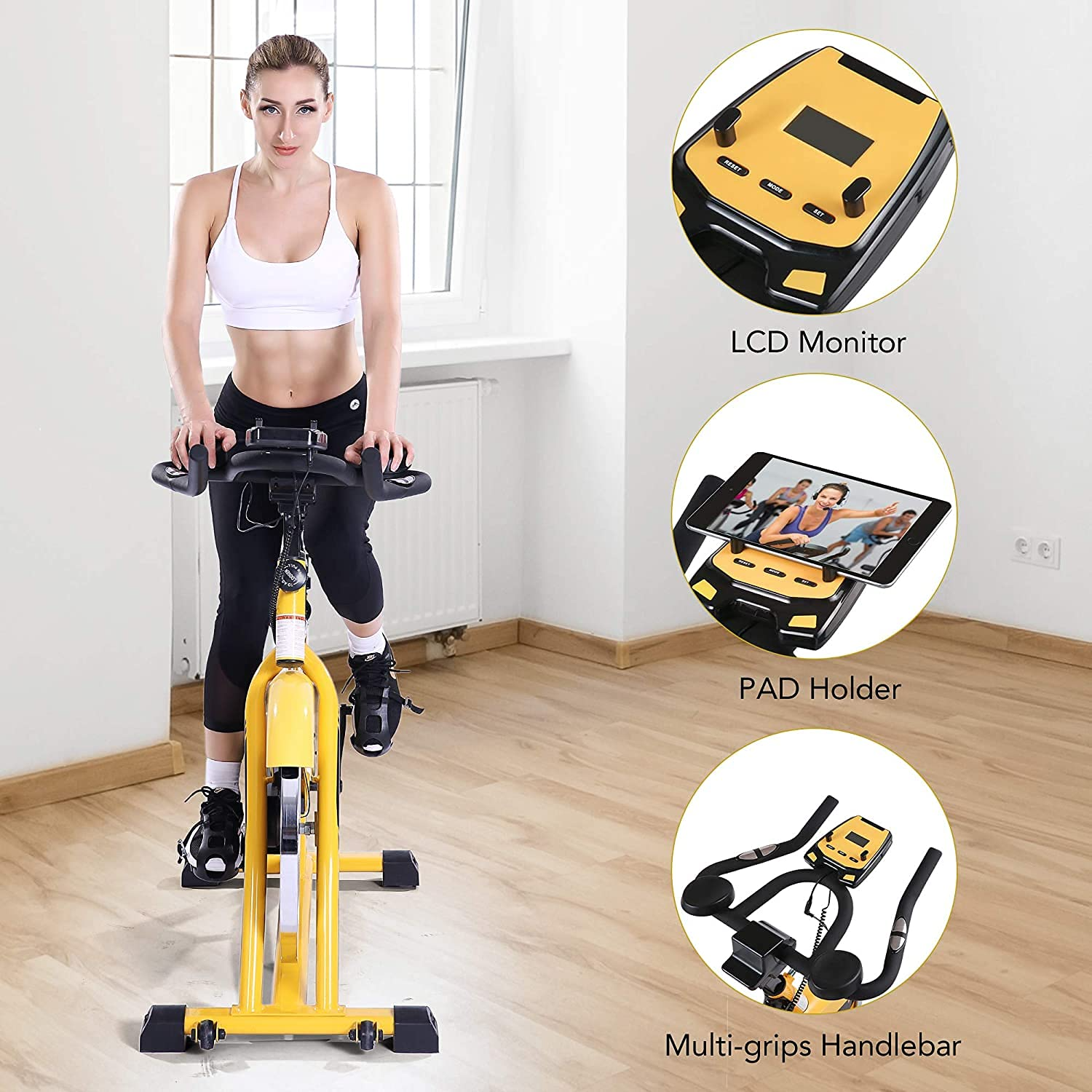 Load image into Gallery viewer, Exercise Bike Stationary Bike Belt Drive Indoor Cycling Bike 44lbs Flywheel & Pulse Sensor/LCD Monitor/IPad Mount Exercise Bike w/Adjustable Handlebar for Home Cardio Workout