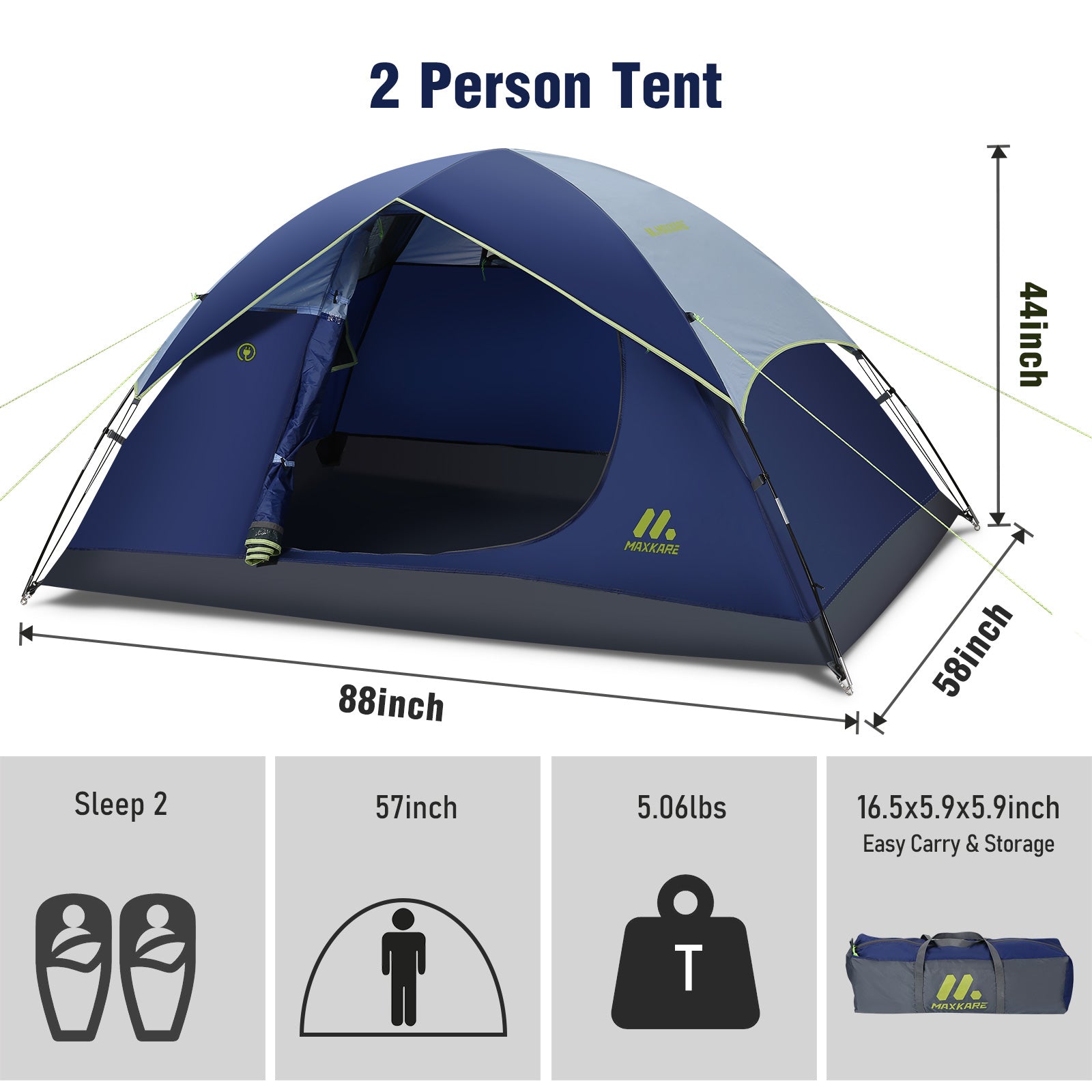 Load image into Gallery viewer, Dome Tent 2 Person Camp Tent with Porch, Rainfly, Easy Set Up for Camping, Backpacking & Hiking, Fishing Outdoor - Blue