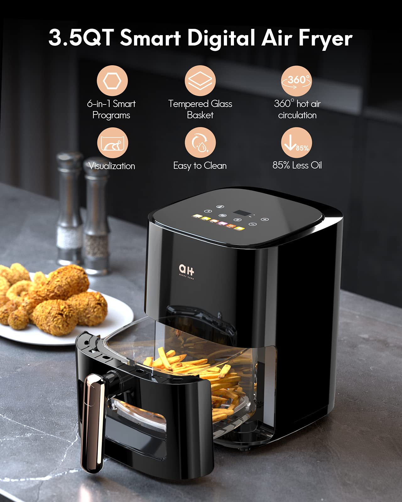 Air Fryer 4.2 QT Oilless Hot AirFryer 1200W Healthy Cooker Small Oven with  7 Presets, Digital LCD Touch Screen, Visual Cooking Window, Non-Stick