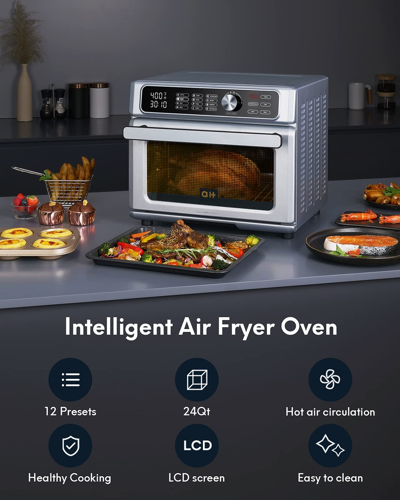 Load image into Gallery viewer, Toaster Oven 12-in-1 Air Fryer Combo, Digital Convection Oven And Dehydrator for Chicken,Pizza and Cookies, Large 24 QT Countertop Oven with 100 Online Recipes, Stainless Steel, 1700W