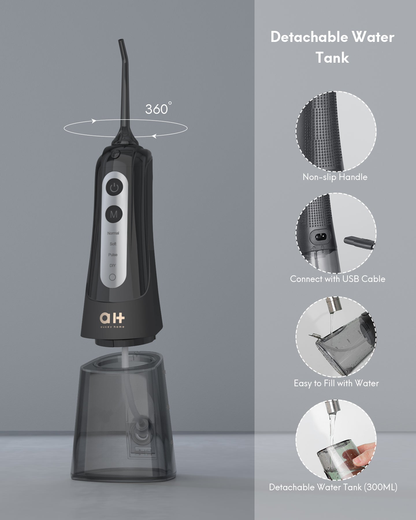 Load image into Gallery viewer, Water Flosser Cordless Portable Oral Irrigator with 4 Cleaning Modes, Removable Water Tank of 300 ML, 360-Degree Rotation, 7 Multifunctional Heads, USB Rechargeable, Black