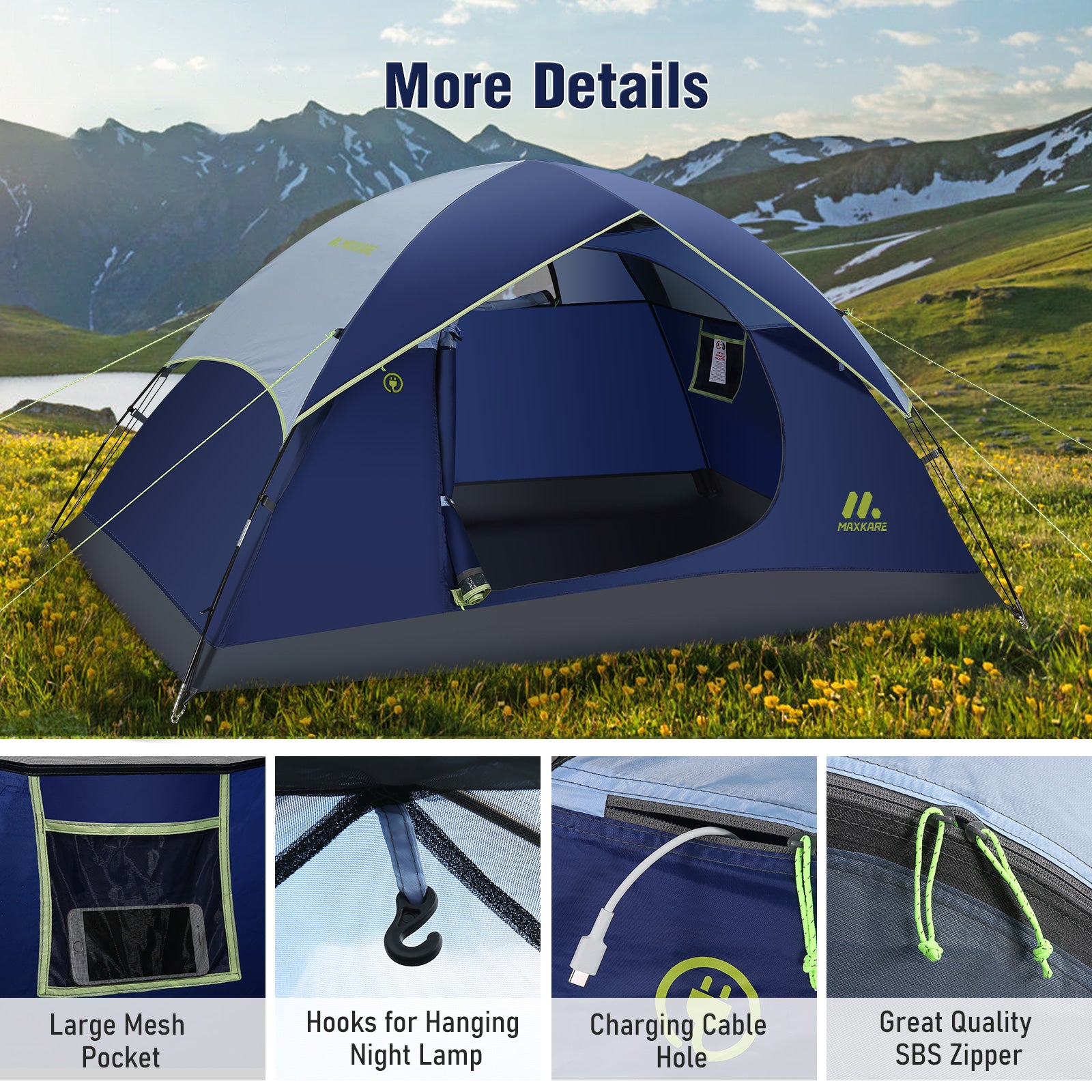 Load image into Gallery viewer, Dome Tent 2 Person Camp Tent with Porch, Rainfly, Easy Set Up for Camping, Backpacking & Hiking, Fishing Outdoor - Blue