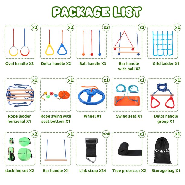 Load image into Gallery viewer, Ninja Warrior Obstacle Course for Kids Ninja Slackline Kit Backyard Outside with 2×55 ft Slackline 16 Accessories for Kids, Slackline Capacity 1320lbs with Adjustable Buckles Tree Protectors Carry Bag