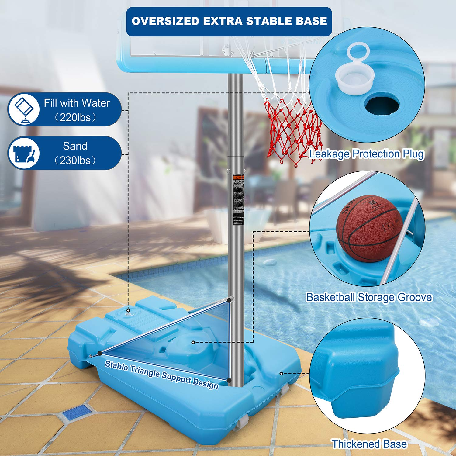 Load image into Gallery viewer, Poolside Basketball Hoop System Portable Swimming Pool Basketball Goal Set Game Stand Adjustable Height 47’’-79’’ Outdoor Indoor for Kid Adult W PVC Shatterproof Backboard Basketball Rim Net
