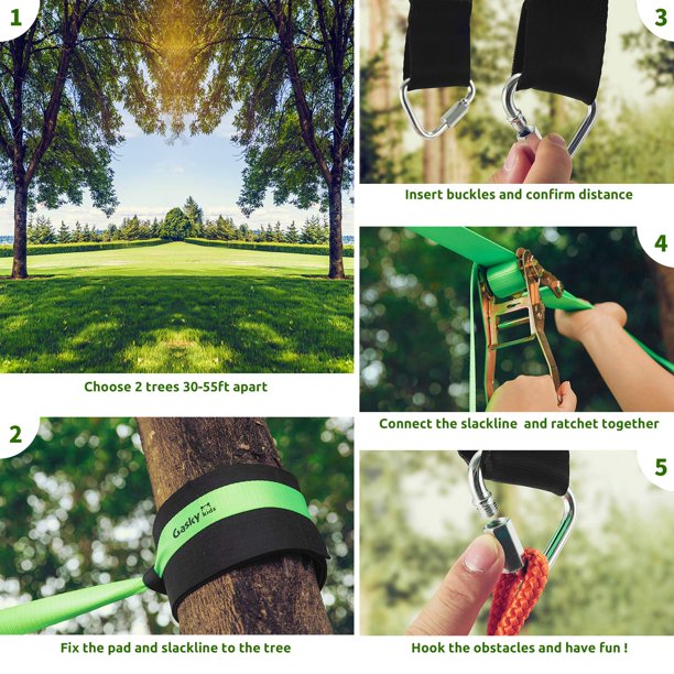 Load image into Gallery viewer, Ninja Warrior Obstacle Course for Kids Ninja Slackline Kit Backyard Outside with 2×55 ft Slackline 16 Accessories for Kids, Slackline Capacity 1320lbs with Adjustable Buckles Tree Protectors Carry Bag