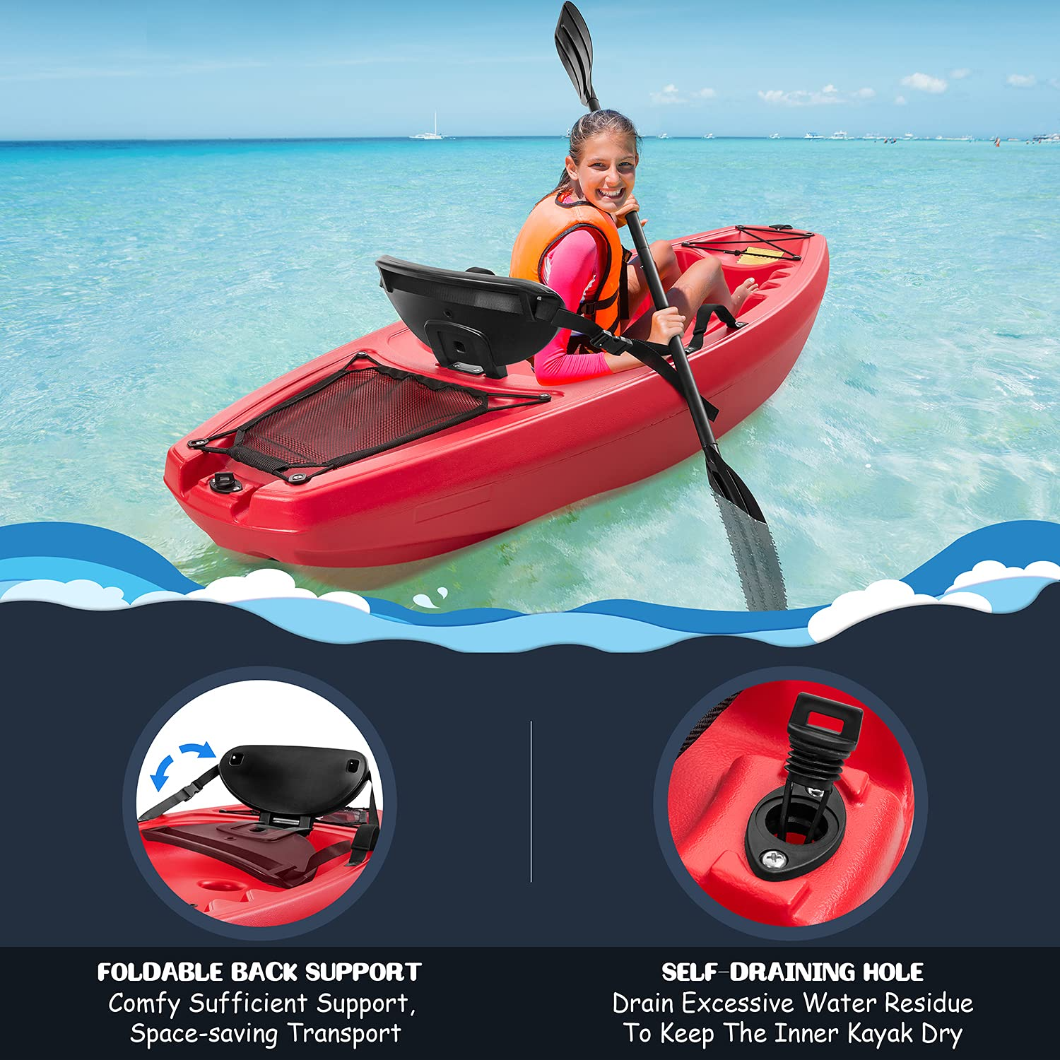 Load image into Gallery viewer, Kids Kayak Youth Kayak with Paddle Weight Capacity of 121 lbs Foldable Back Rest Cup Holders Storage Hatches
