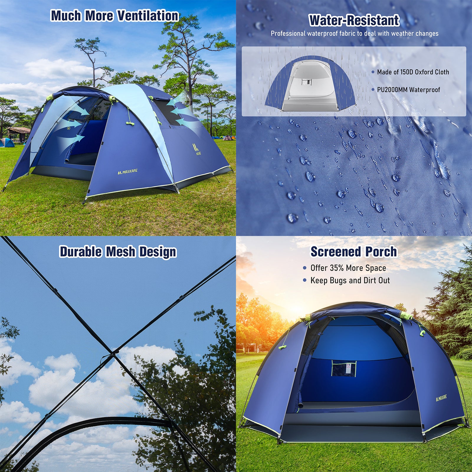 Load image into Gallery viewer, Dome Tent 4 Person Camp Tent with Porch, Rainfly, Easy Set Up for Camping, Backpacking & Hiking, Fishing Outdoor - Blue