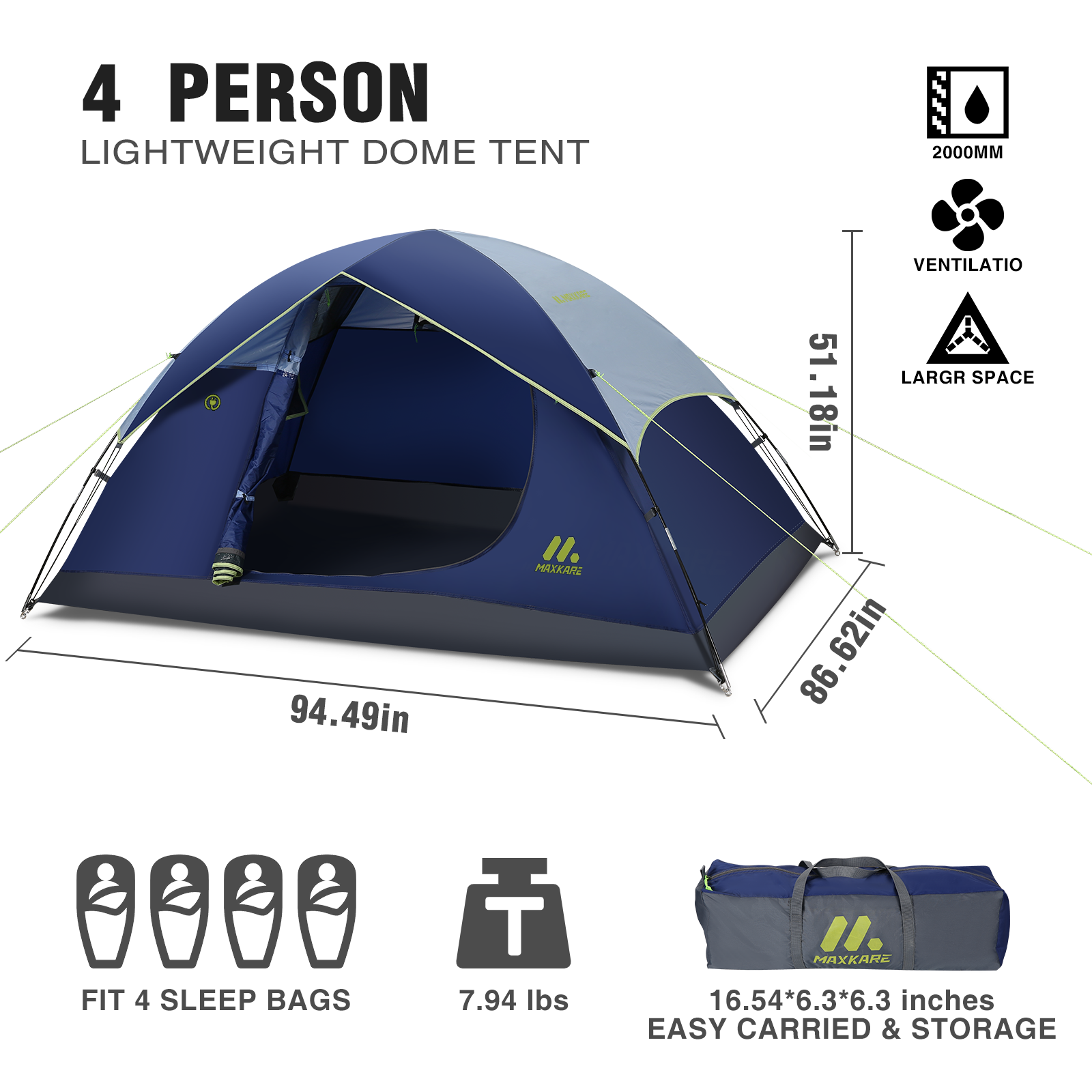 Load image into Gallery viewer, Dome Tent 4 Person Camp Tent with Rainfly, 2 Zippered Windows, Easy Set-up, Waterproof for Camping, Backpacking & Hiking, Fishing Outdoor - Blue