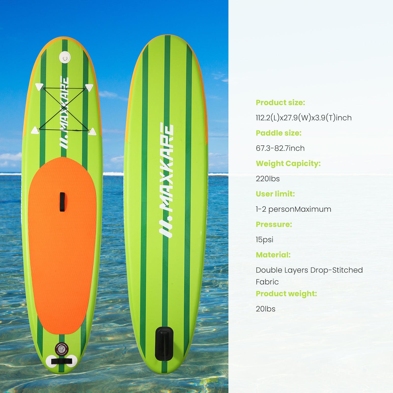 Load image into Gallery viewer, Inflatable Paddle Board Stand Up Paddle Board 112*28*4 Inch with Paddle, Leash, Carrying Bag, for Paddling, Surfing, Fishing, Yoga for Adults & Youth & Kids - Green