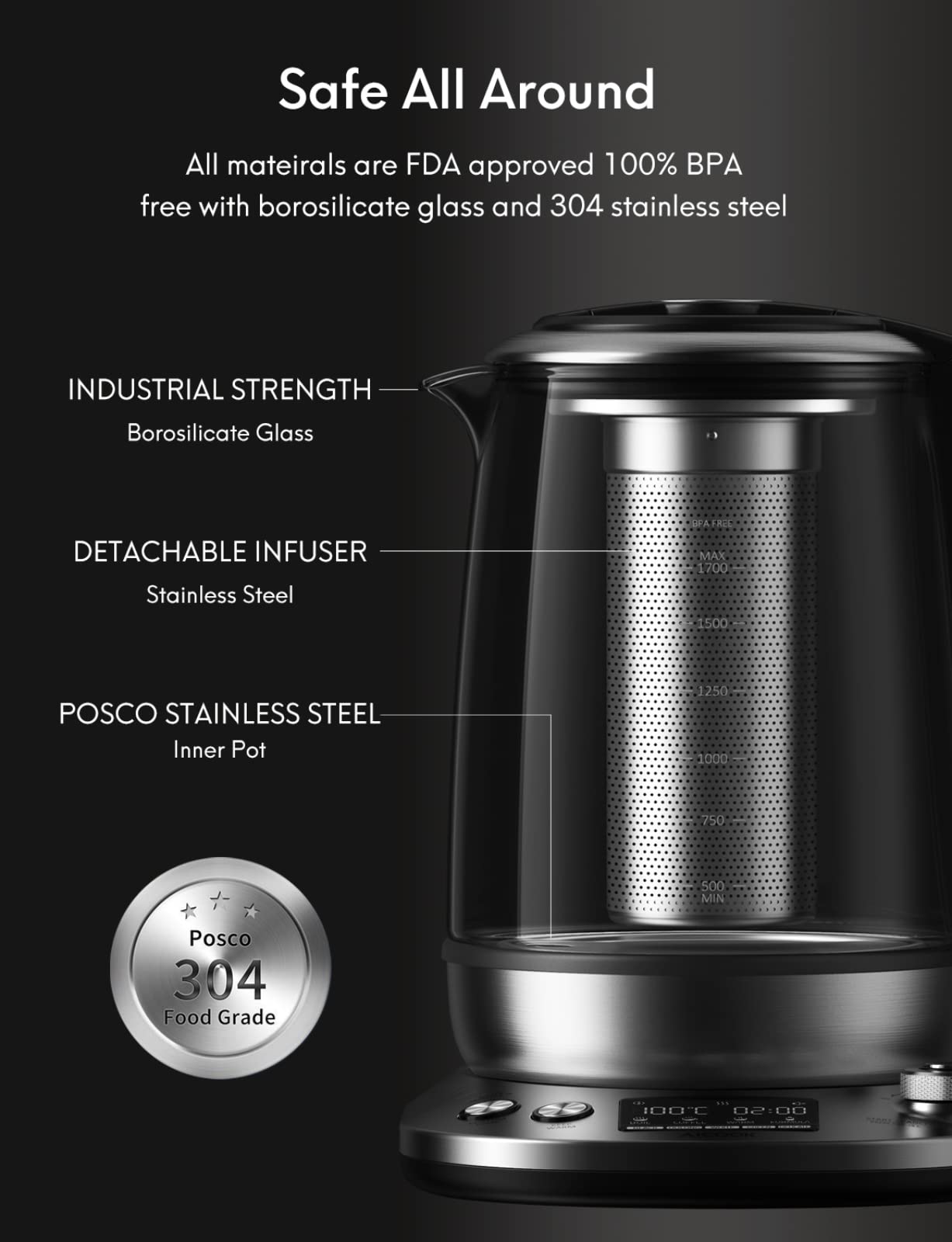 Load image into Gallery viewer, Electric tea kettle 1.7L glass teapot, Smart tea maker with level temperature control, 100% stainless steel inner lid, Heat transfer unit & bottom, Auto off & Anti-boil protection Boiling, BPA free