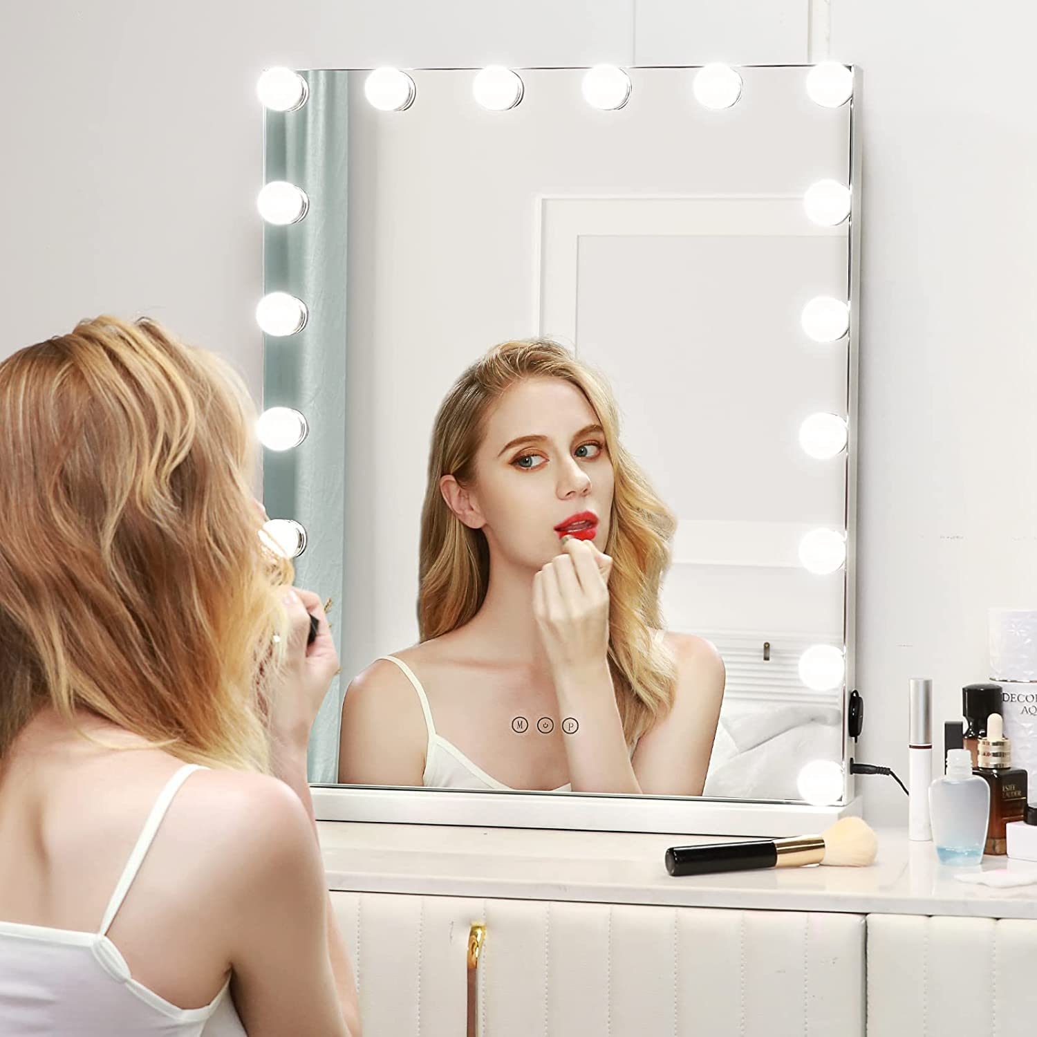Load image into Gallery viewer, Vanity Mirror Makeup Mirror with Lights, Large Hollywood Lighted Makeup Mirror with 18 Dimmable LED Bulbs, 3 Color Lighting Modes, USB Charging Port, Smart Touch Control, 23 x 19"
