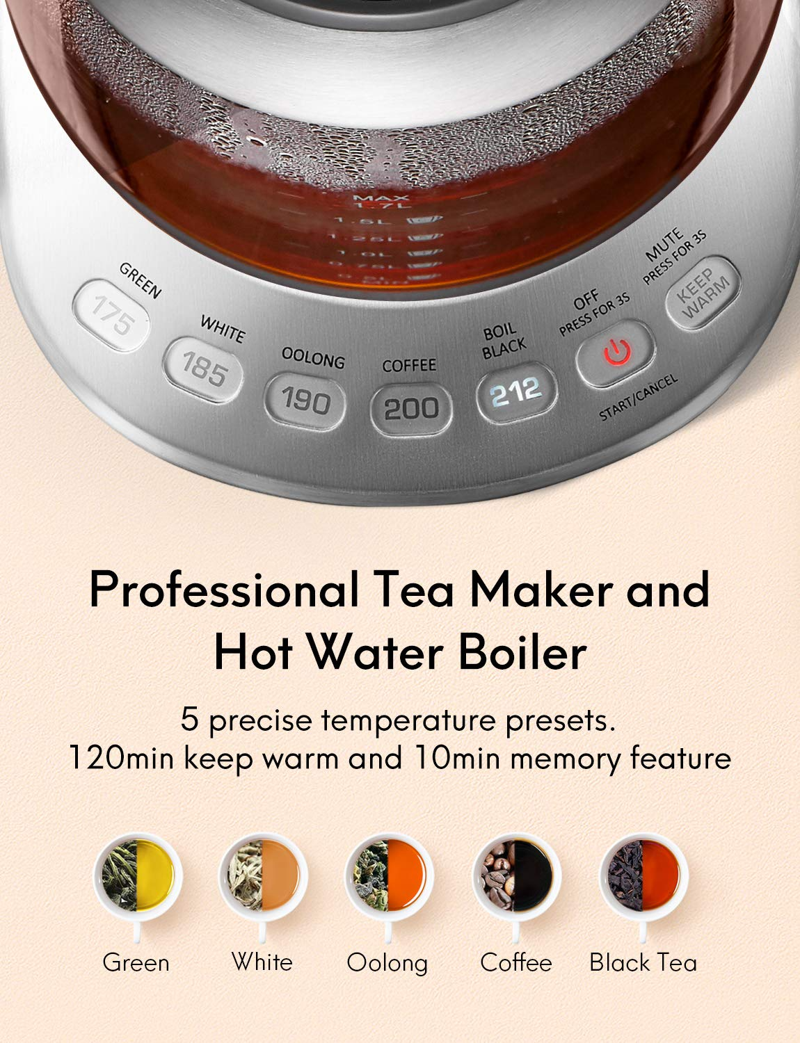 Load image into Gallery viewer, Electric Tea Kettle Water Boiler Glass Tea Kettle with Auto Shut-Off & 60 Mins Auto Keep Warm & 5 Variable Presets & Boil-Dry Protection & Detachable Tea Infuser, 1.7L & 2200 W - Stainless Steel
