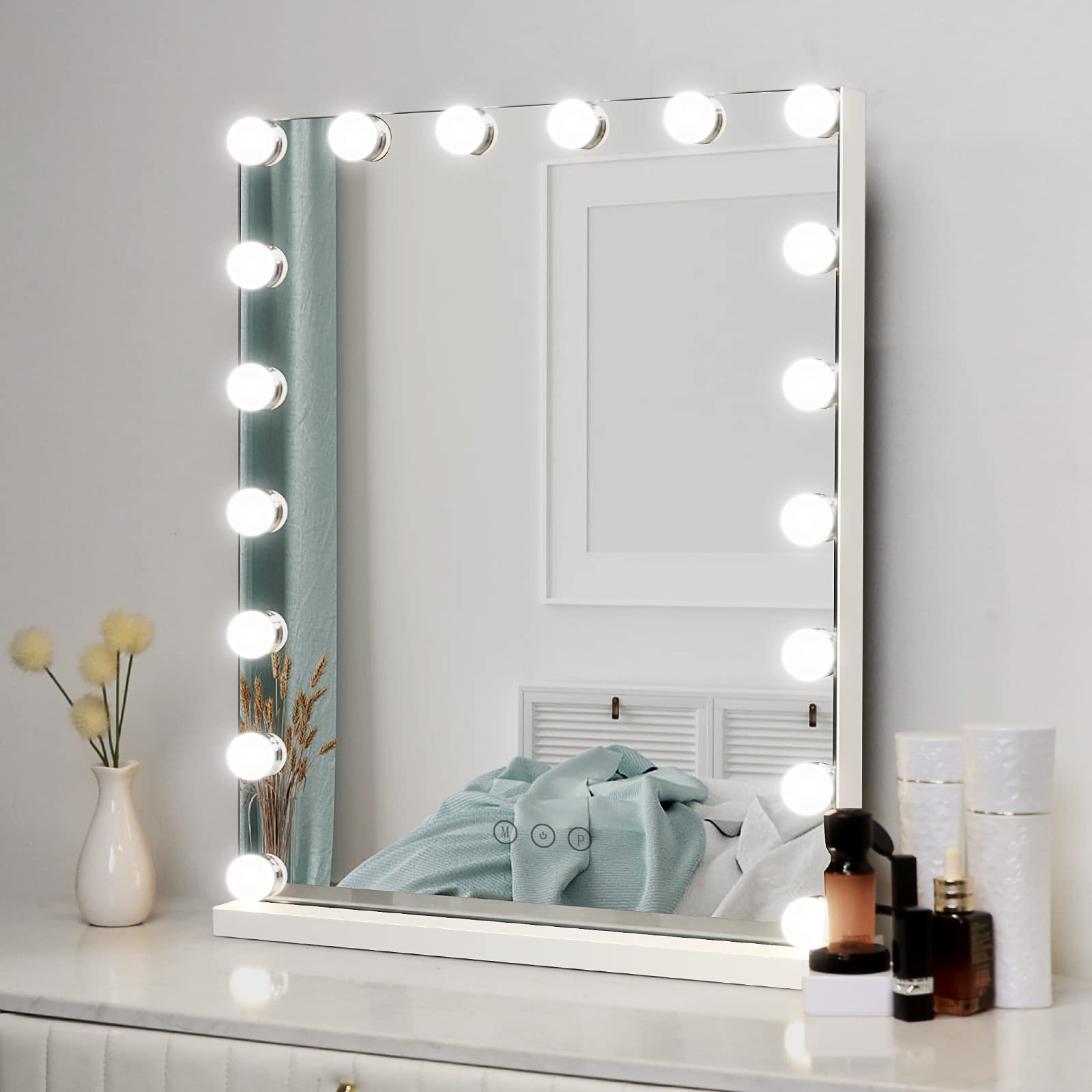 Load image into Gallery viewer, Vanity Mirror Makeup Mirror with Lights, Large Hollywood Lighted Makeup Mirror with 18 Dimmable LED Bulbs, 3 Color Lighting Modes, USB Charging Port, Smart Touch Control, 23 x 19"