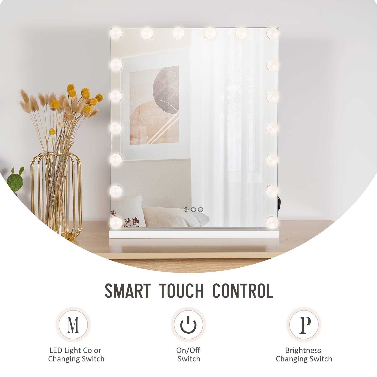 Load image into Gallery viewer, Vanity Mirror Makeup Mirror with Lights, Large Hollywood Lighted Makeup Mirror with 18 Dimmable LED Bulbs, 3 Color Lighting Modes, USB Charging Port, Smart Touch Control, 23 x 19"