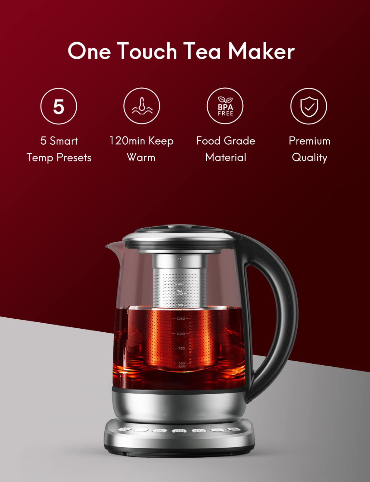 Load image into Gallery viewer, Electric Tea Kettle Water Boiler Glass Tea Kettle with Auto Shut-Off & 60 Mins Auto Keep Warm & 5 Variable Presets & Boil-Dry Protection & Detachable Tea Infuser, 1.7L & 2200 W - Stainless Steel