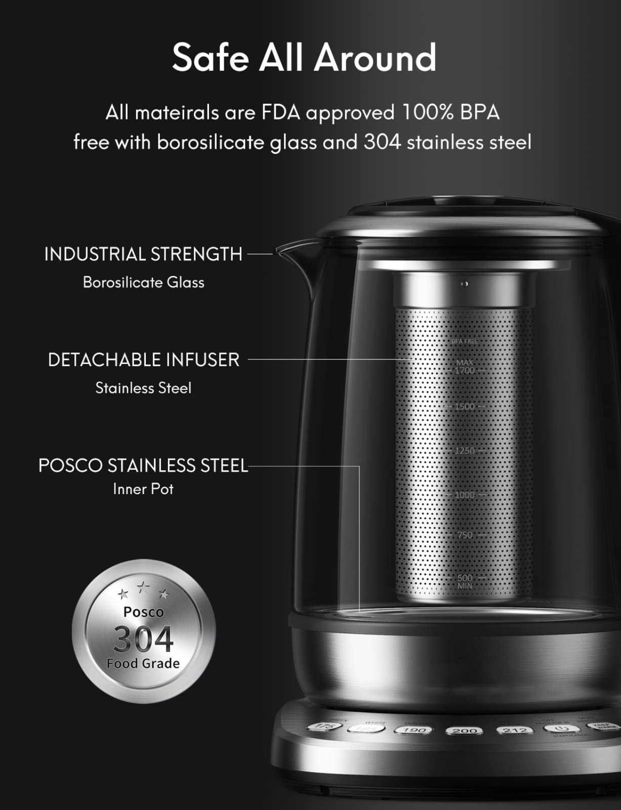 Load image into Gallery viewer, Electric Tea Kettle Water Boiler Glass Tea Kettle with Auto Shut-Off & 60 Mins Auto Keep Warm & 5 Variable Presets & Boil-Dry Protection & Detachable Tea Infuser, 1.7L & 2200 W - Stainless Steel