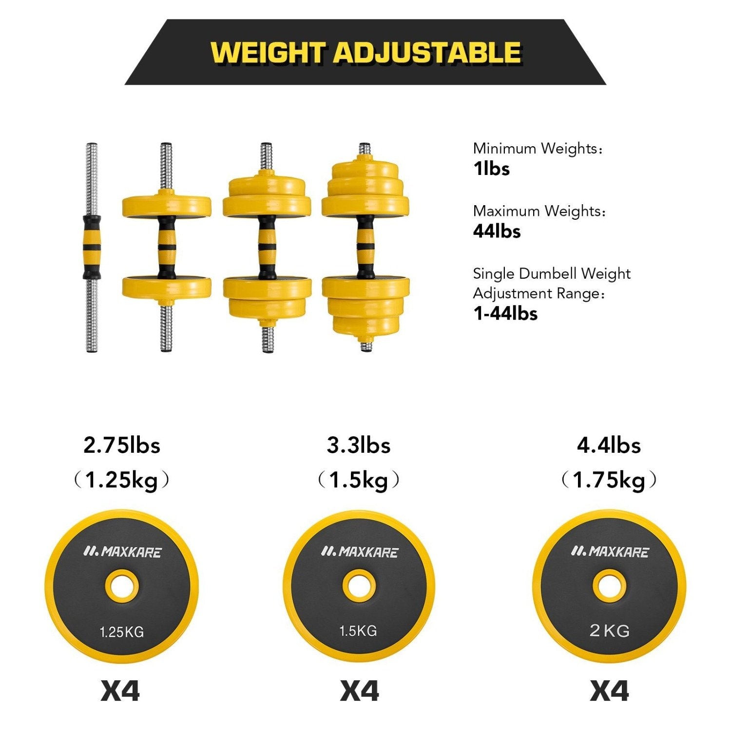 Load image into Gallery viewer, Maxkare Adjustable Dumbbell Barbell Weight Set, 44 Lbs Weight Set, Dumbbell Barbell 2 in 1 with Non-Slip Neoprene Hand and Connecting Rod Home Gym Equipment for Men and Women - NAIPO