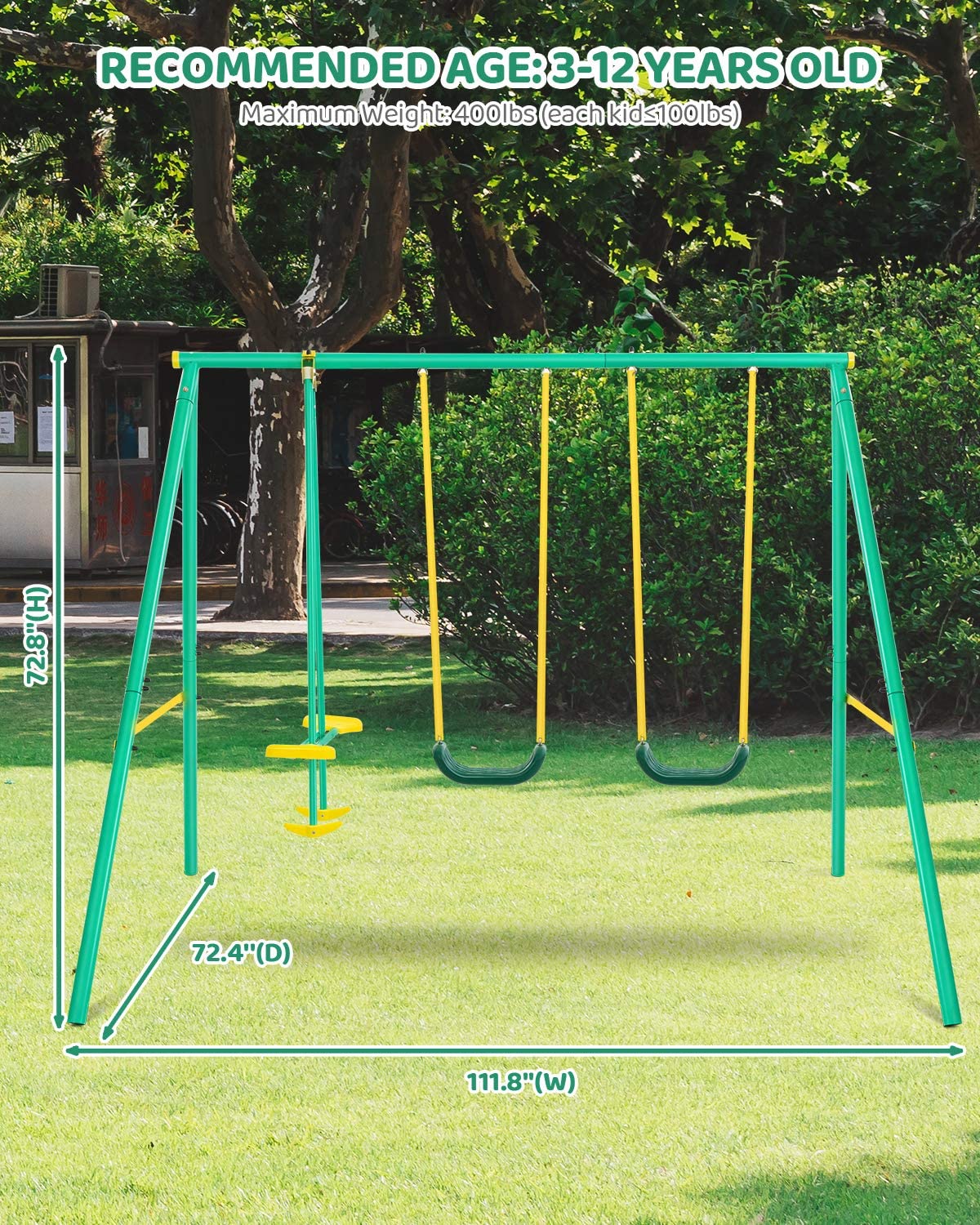Load image into Gallery viewer, MaxKare Metal Swing Set Outdoor Backyard Playground Swing Set 2 Seats with A Swing Glider for 3-12 Year Old Kids, Toddlers, Max Weight 400 LBS - NAIPO