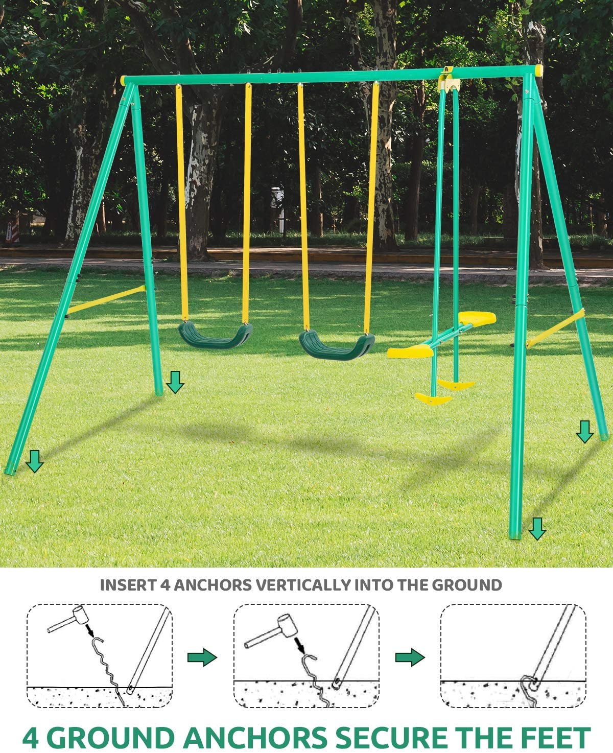 Load image into Gallery viewer, MaxKare Metal Swing Set Outdoor Backyard Playground Swing Set 2 Seats with A Swing Glider for 3-12 Year Old Kids, Toddlers, Max Weight 400 LBS - NAIPO