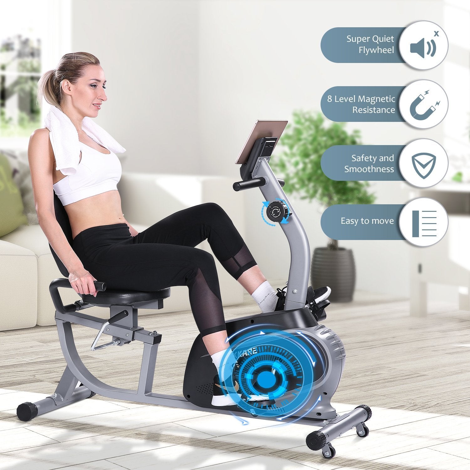 Load image into Gallery viewer, MaxKare Recumbent Exercise Bike Indoor Cycling Stationary Bike with Adjustable Seat and Resistance, Pulse Monitor/Phone Holder (Seat Height Adjustment by Lever) - NAIPO