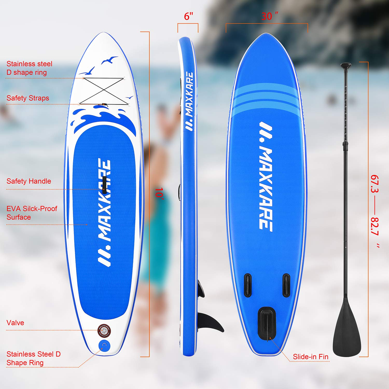 Load image into Gallery viewer, MaxKare Stand Up Paddle Board Inflatable SUP W Stand-up Paddle Board Accessories Backpack Paddle Leash Pump Non-Slip Deck ISUP Fishing Yoga Rigid Solid 10'× 30" ×6'' Thick Adult & Youth & Kid - NAIPO