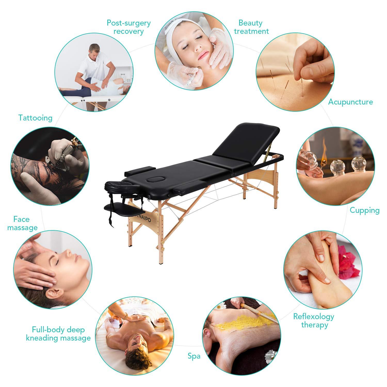 Load image into Gallery viewer, Naipo Portable Massage Table Professional Adjustable Folding Bed with 3 Sections Wooden Frame Ergonomic Headrest and Carrying Bag for Therapy Tattoo Salon Spa Facial Treatment - NAIPO
