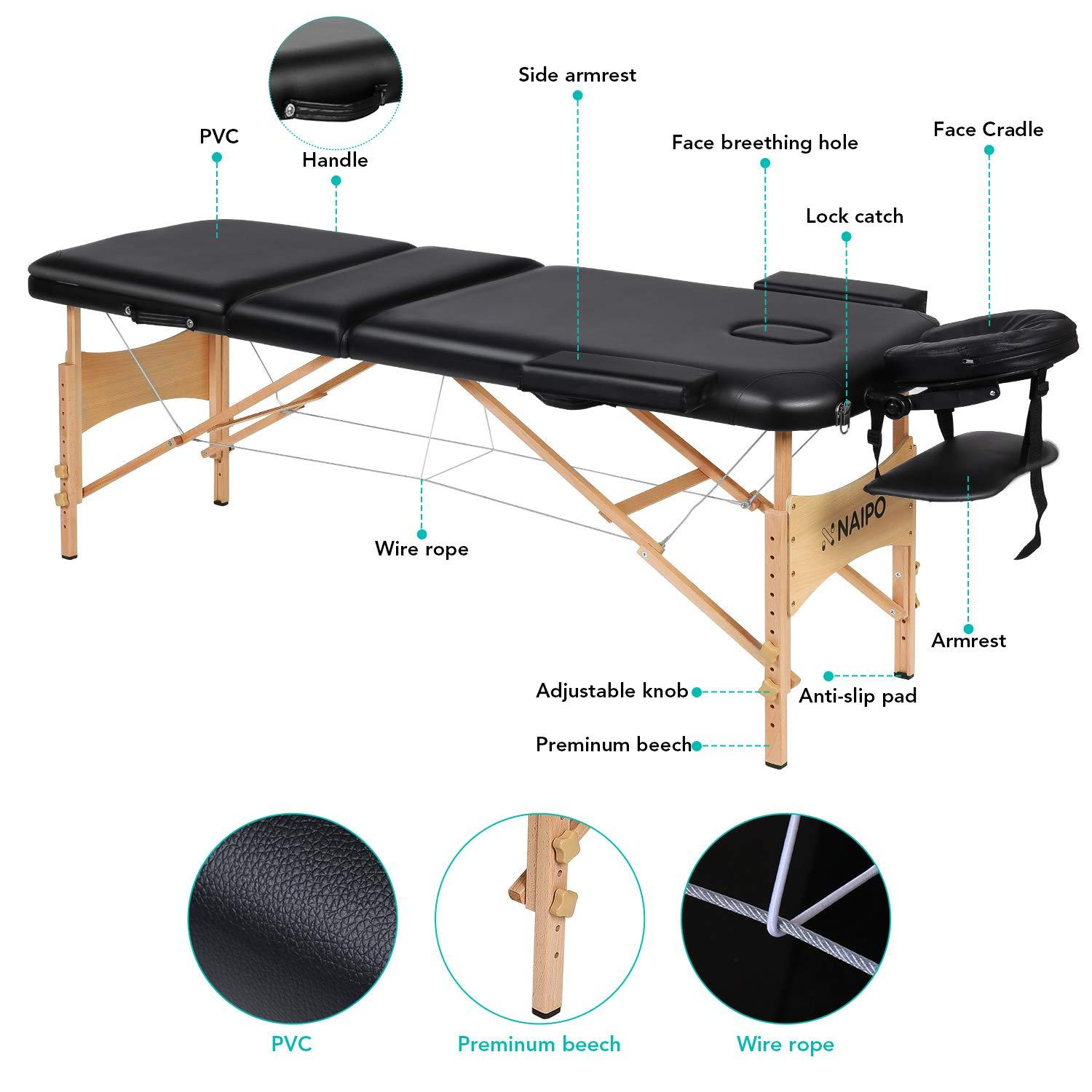 Load image into Gallery viewer, Naipo Portable Massage Table Professional Adjustable Folding Bed with 3 Sections Wooden Frame Ergonomic Headrest and Carrying Bag for Therapy Tattoo Salon Spa Facial Treatment - NAIPO
