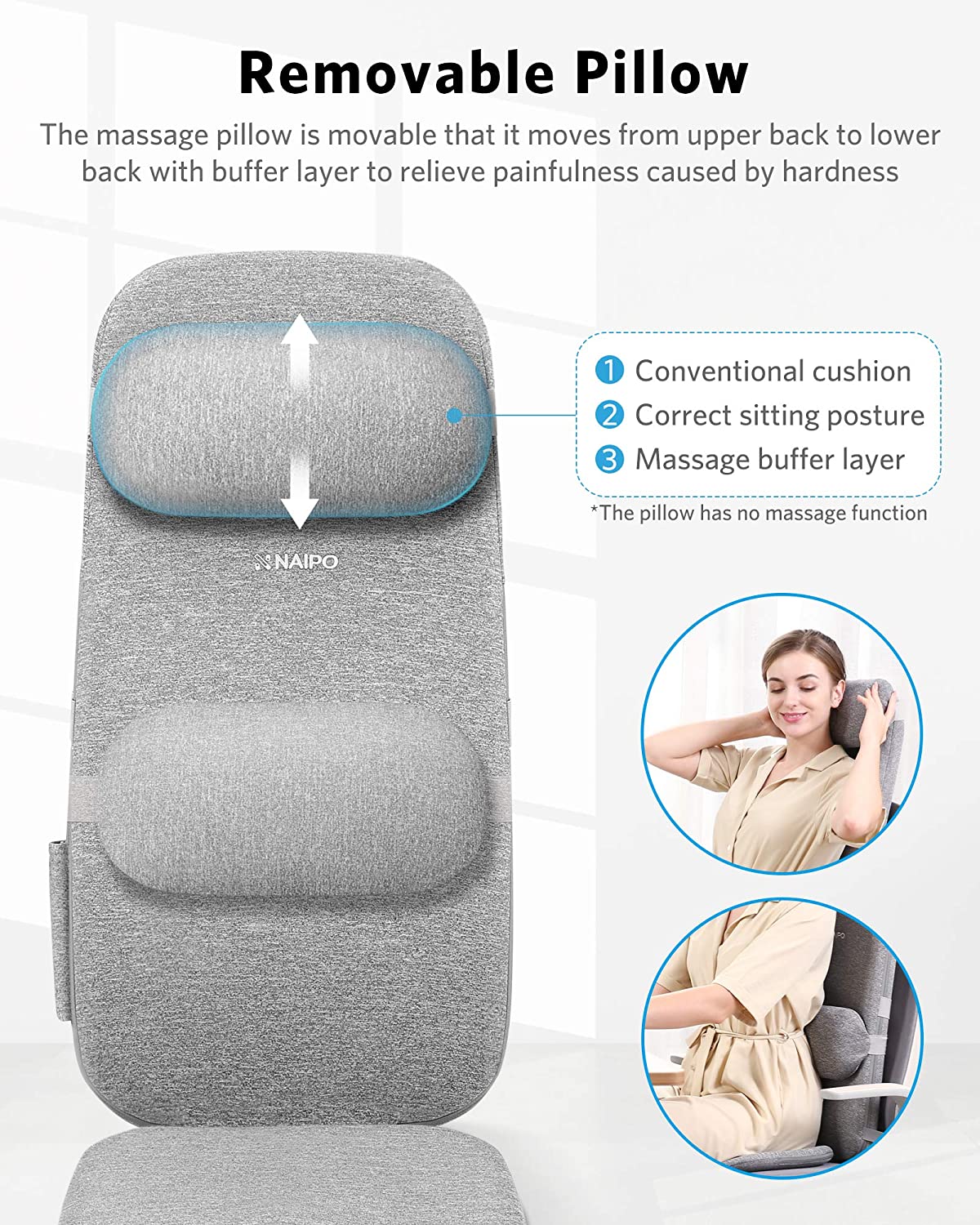 Load image into Gallery viewer, Naipo Shiatsu Massage Cushion with Heat and Vibration, Massage Chair Pad to Relax Full Back, Shoulders, Lumbar and Thighs, Stable and Portable Back Massager Mat for Home, Office Use, Grey - NAIPO