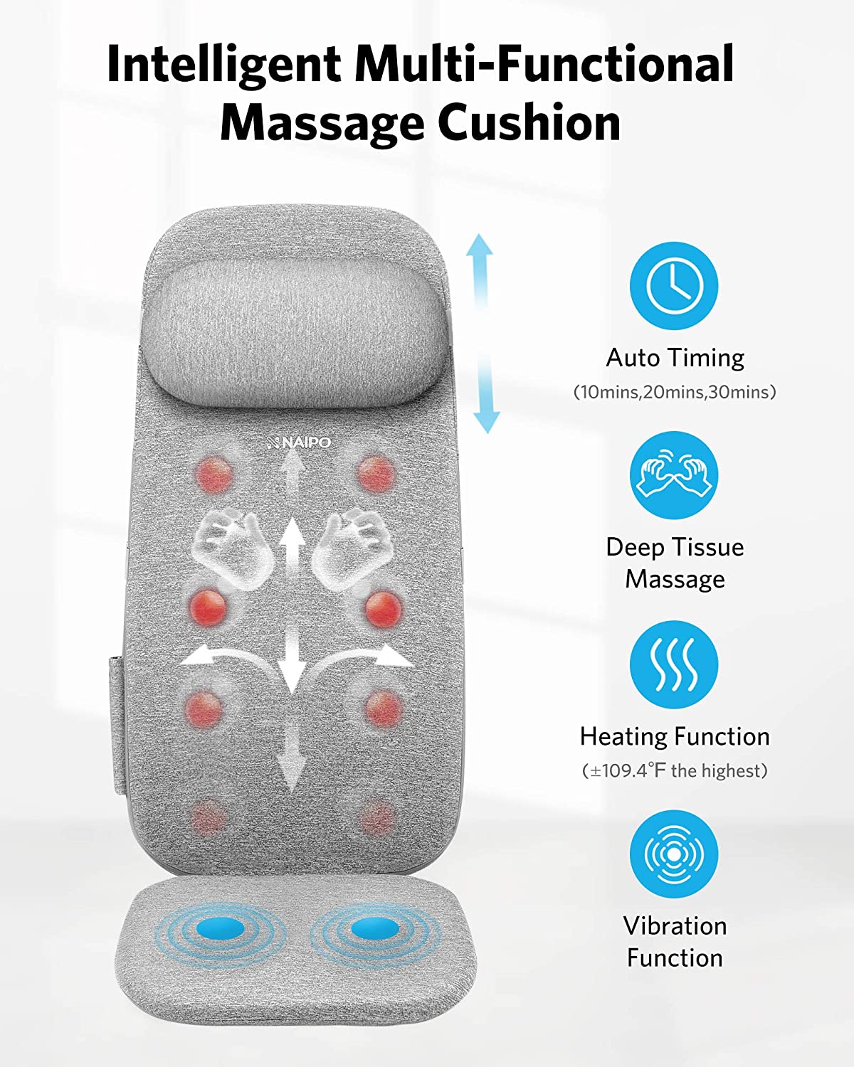 Load image into Gallery viewer, Naipo Shiatsu Massage Cushion with Heat and Vibration, Massage Chair Pad to Relax Full Back, Shoulders, Lumbar and Thighs, Stable and Portable Back Massager Mat for Home, Office Use, Grey - NAIPO