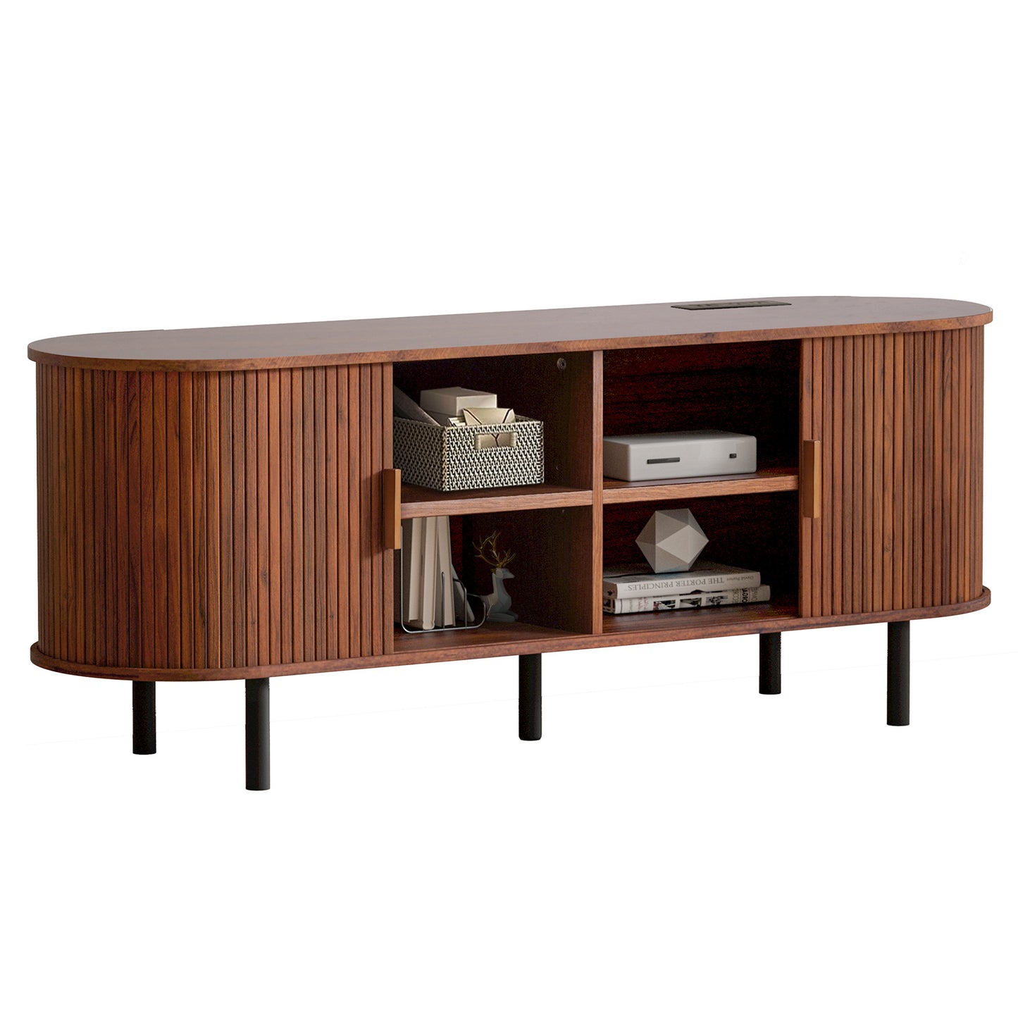MARNUR 63" TV Stand for 70" TV, Wood Entertainment Center with Storage and Shelves, 2 Sliding Tambour Doors, Mid-Century Modern, Walnut