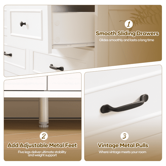 MARNUR Farmhouse 7 Drawer Dresser for Bedroom, 52" Rustic White Chest of Drawers with Anti-Tip Kit, Heavy-Duty Storage Cabinet for Living Room Entryway Hallway, Smooth Quiet Slides, White & Black