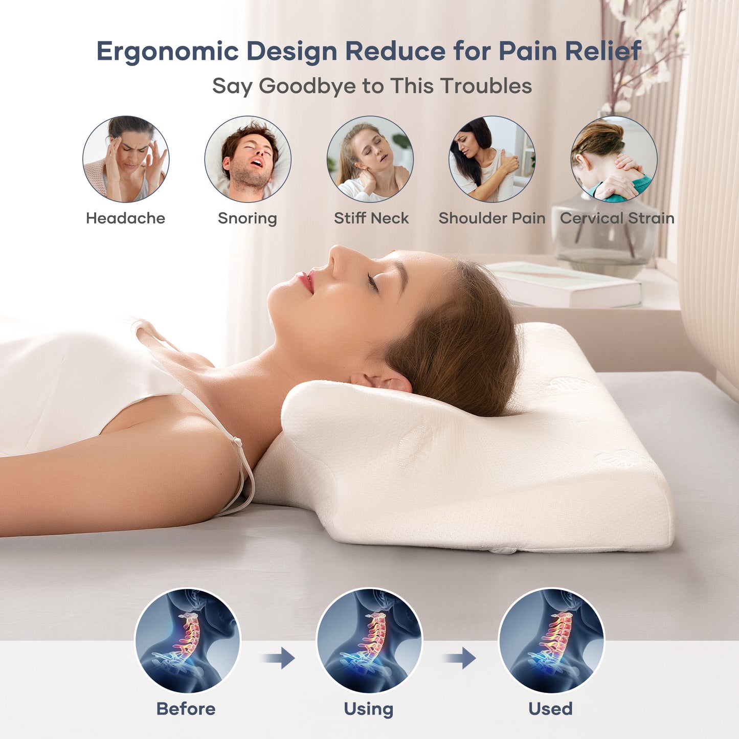 MARNUR Cervical Pillow Memory Foam Orthopedic Pillow for Neck Pain Sleeping Side & Back & Stomach Sleeper with White Pillowcase
