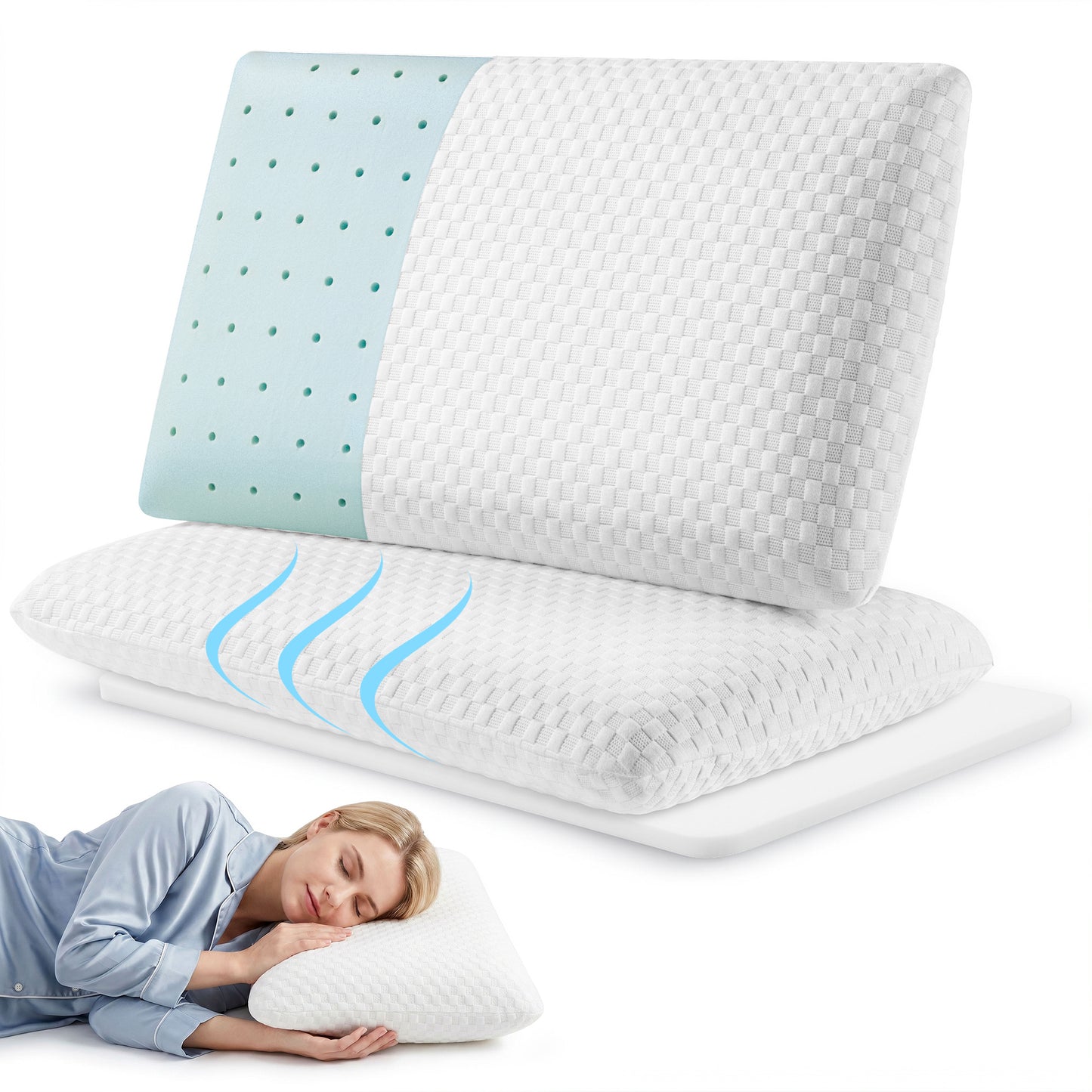 MARNUR Memory Foam Pillow for Bed, Cooling Pillow with Extra Height Pad, Cervical Neck Support Bed Pillow for Side, Back & Stomach Sleepers, Queen Size, 2 Pack