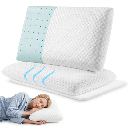 MARNUR Memory Foam Pillow for Bed, Cooling Pillow with Extra Height Pad, Cervical Neck Support Bed Pillow for Side, Back & Stomach Sleepers, Queen Size, 2 Pack