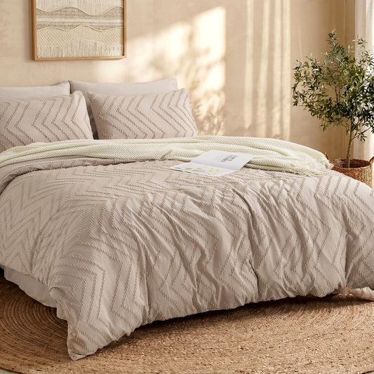 MARNUR Full Comforter Set, 7 Pieces Boho Tufted Bed in a Bag, All-Season Prewashed Soft Bedding Set with Comforter, Sheets, Pillowcases & Shams, Beige