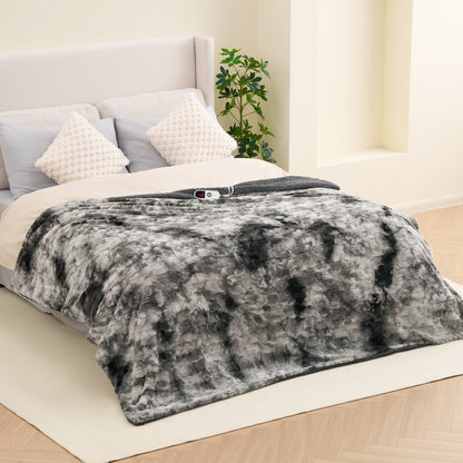 MARNUR Heated Blanket 72"x84" Faux Fur & Sherpa Electric Blanket with 6 Heat Levels, 10H Timer, LED Display, Machine Washable, Tie-Dye Gray