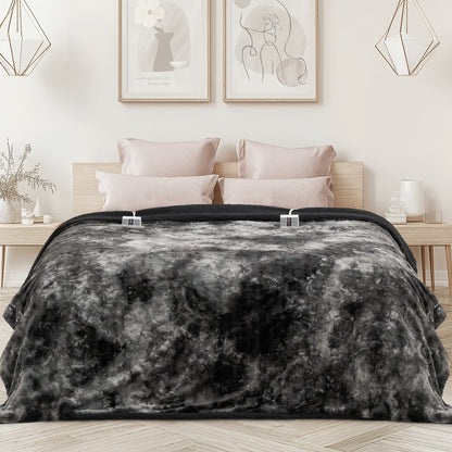 MARNUR Heated Blanket Queen Size, Faux Fur & Sherpa, Dual Controllers, 10 Heat Levels, 10H Timer, 84" x 90", Tie-Dye Black