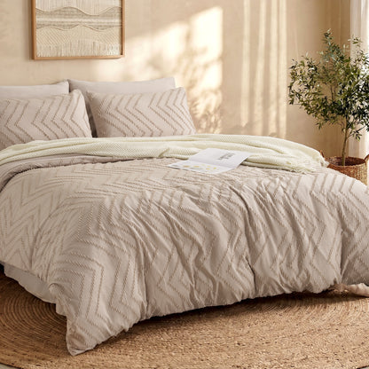 MARNUR Comforter Set King Size, 7 Pieces Boho Tufted Bed in a Bag Prewashed Cotton-Like Soft Bedding Set with Comforter, Sheets, Pillowcases & Shams, Beige