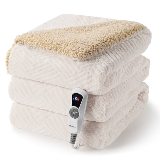 MARNUR Heated Blanket Full Size Electric Blanket, White Jacquard Faux Fur and Sherpa, 10H Timer & 10 Heat Levels, Machine Washable, for home, Bed, Sofa, 72"x 84"