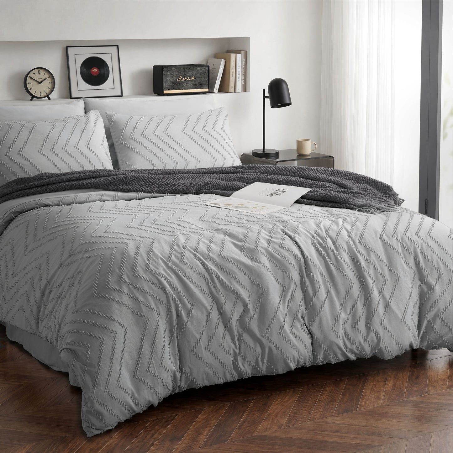 MARNUR Comforter Set Twin XL, 7 Pieces Boho Tufted Bed in a Bag Prewashed Cotton-Like Soft Bedding Set with Comforter, Sheets, Pillowcases & Shams, Silver Grey
