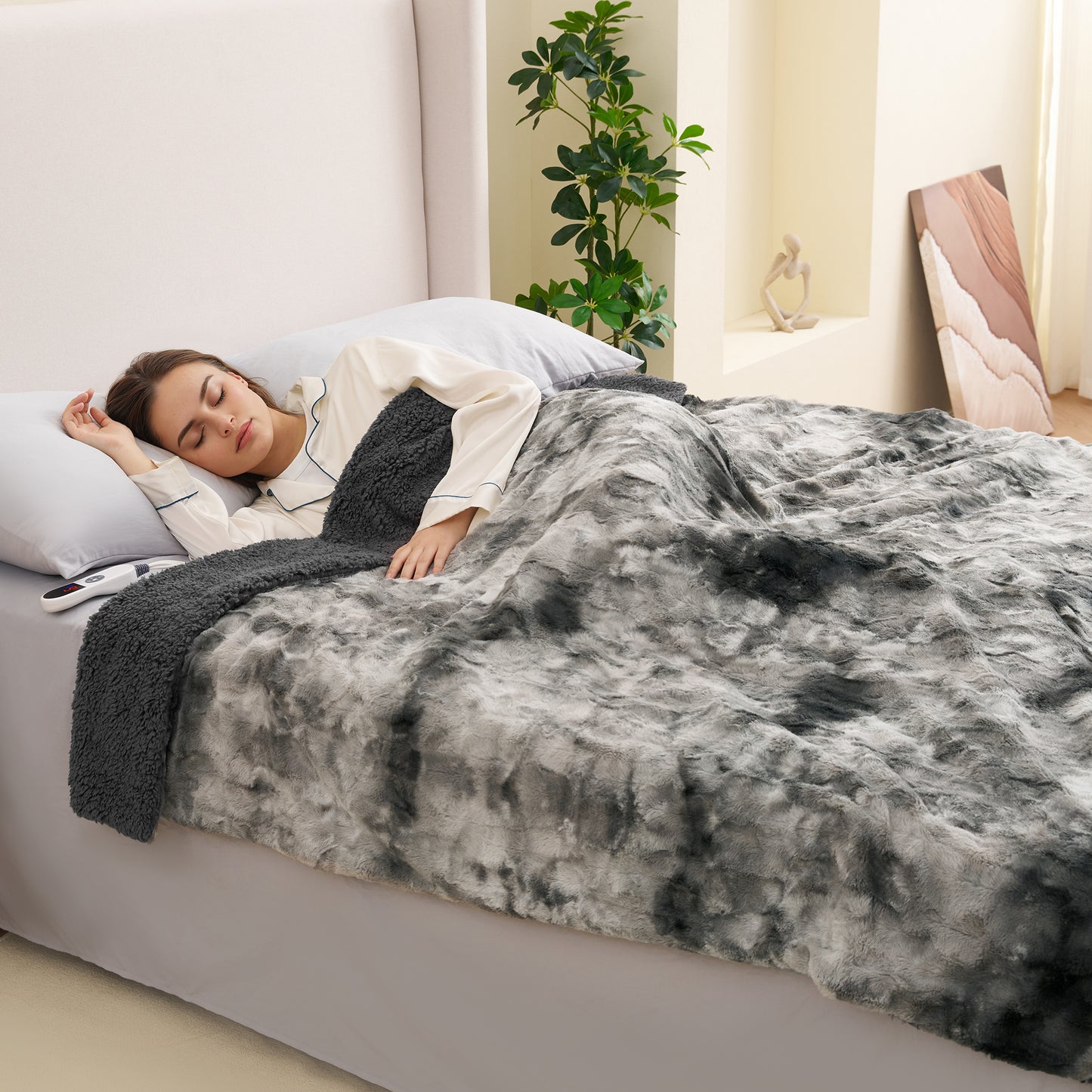 MARNUR Heated Blanket 72"x84" Faux Fur & Sherpa Electric Blanket with 6 Heat Levels, 10H Timer, LED Display, Machine Washable, Tie-Dye Gray