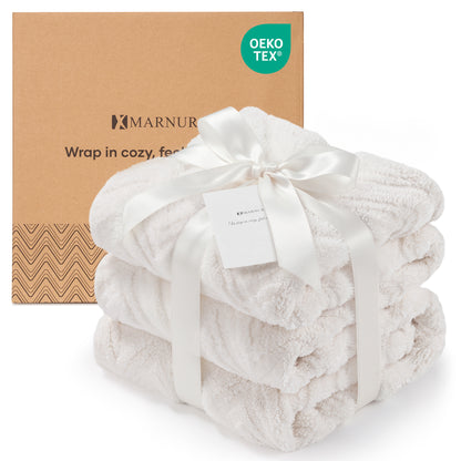 MARNUR Extra Large Throw Blanket 50"x 70", Soft Lightweight Jacquard 340GSM Sherpa Fleece Blanket, Cozy Throw Blanket for Couch, Office, Car, Travel, White