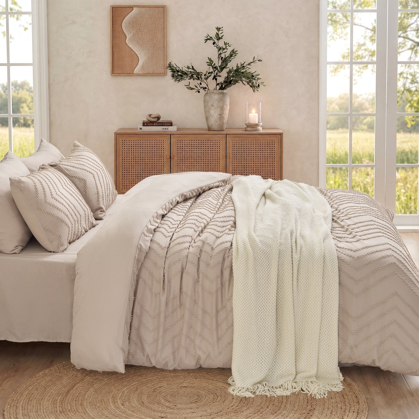 MARNUR Comforter Set Twin XL, 7 Pieces Boho Tufted Bed in a Bag Prewashed Cotton-Like Soft Bedding Set with Comforter, Sheets, Pillowcases & Shams, Beige