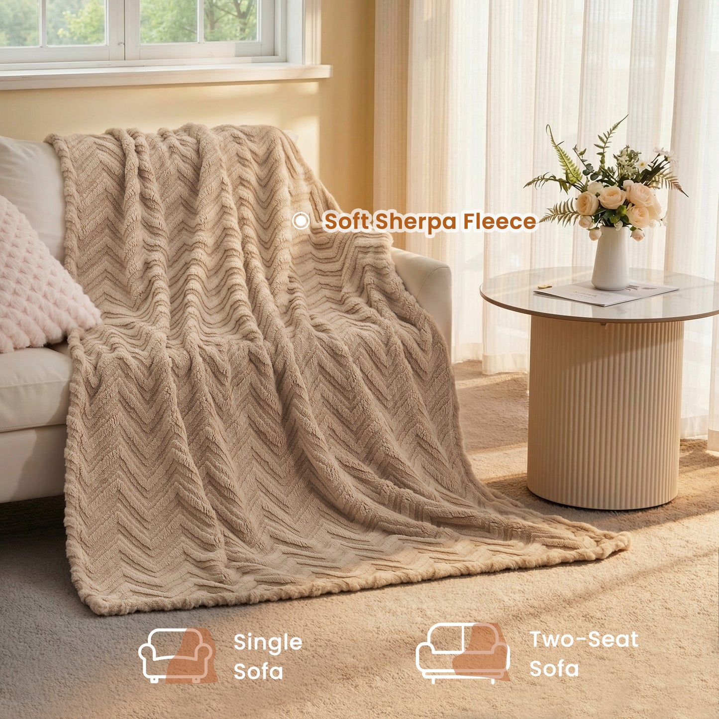 MARNUR Extra Large Throw Blanket 50"x 70", Soft Lightweight Jacquard 340GSM Sherpa Fleece Blanket, Cozy Throw Blanket for Couch, Office, Car, Travel, Light Brown