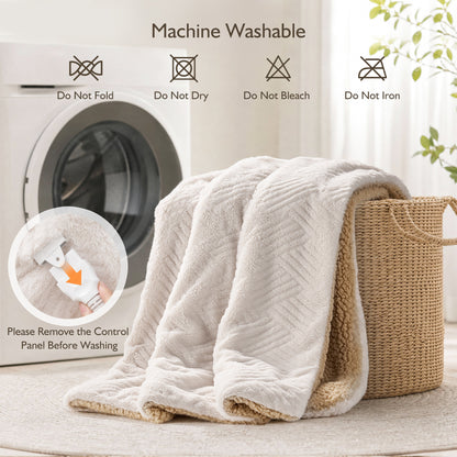 MARNUR Heated Blanket Extra-Large Electric Throw, White Jacquard Faux Fur and Sherpa, Machine Washable Heated Throw Blanket, 4H Timer & 10 Heat Levels, for home, Sofa, Office, 50"x 72"