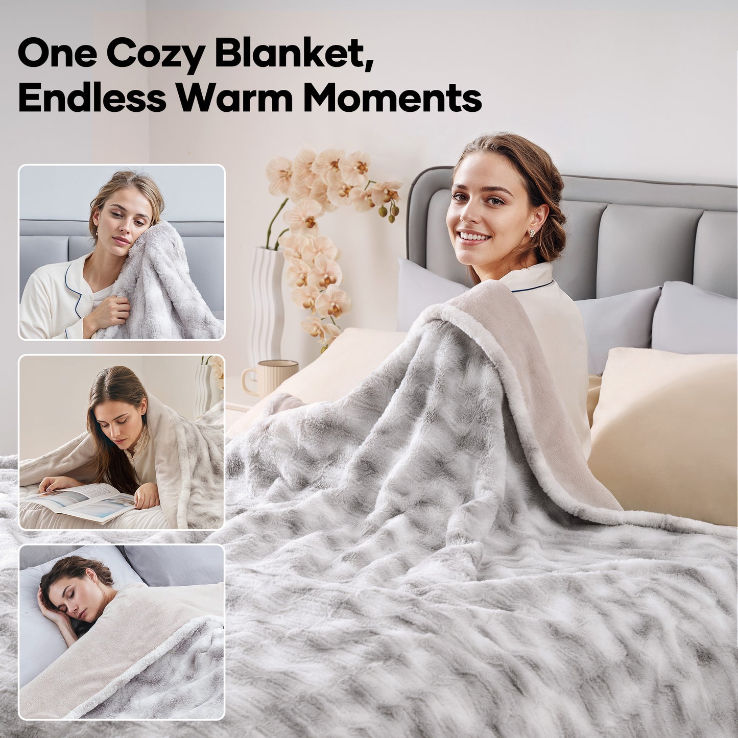 MARNUR Electric Heated Blanket Full Size, Faux Fur,10 Heating Levels, 10 Hours Timer, Machine Washable, 72"x84", Gray