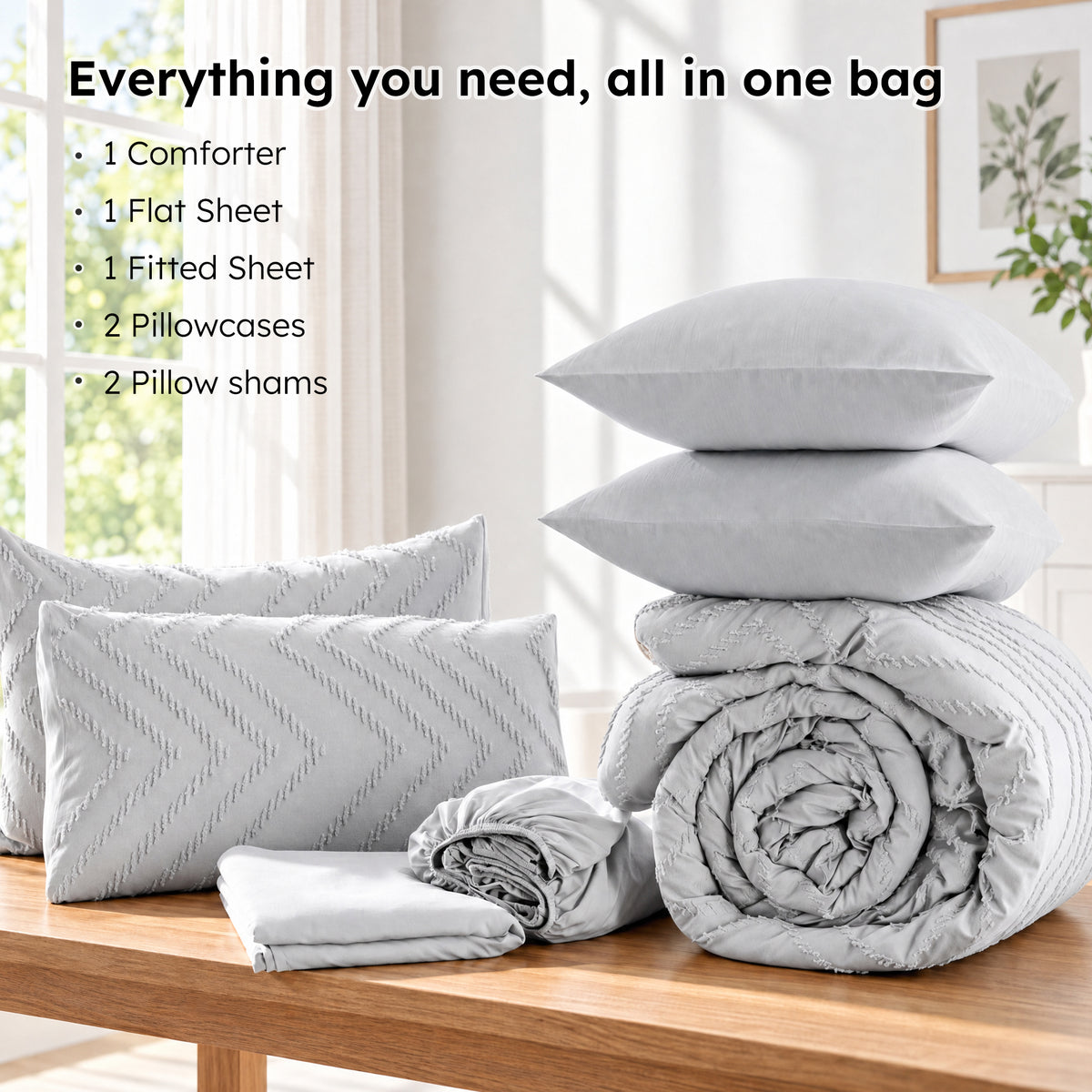 MARNUR Twin XL Comforter Set, 7 Pieces Boho Tufted Bed in a Bag, All-Season Prewashed Soft Bedding Set with Comforter, Sheets, Pillowcases & Shams, Silver Grey