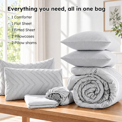 MARNUR Twin XL Comforter Set, 7 Pieces Boho Tufted Bed in a Bag, All-Season Prewashed Soft Bedding Set with Comforter, Sheets, Pillowcases & Shams, Silver Grey
