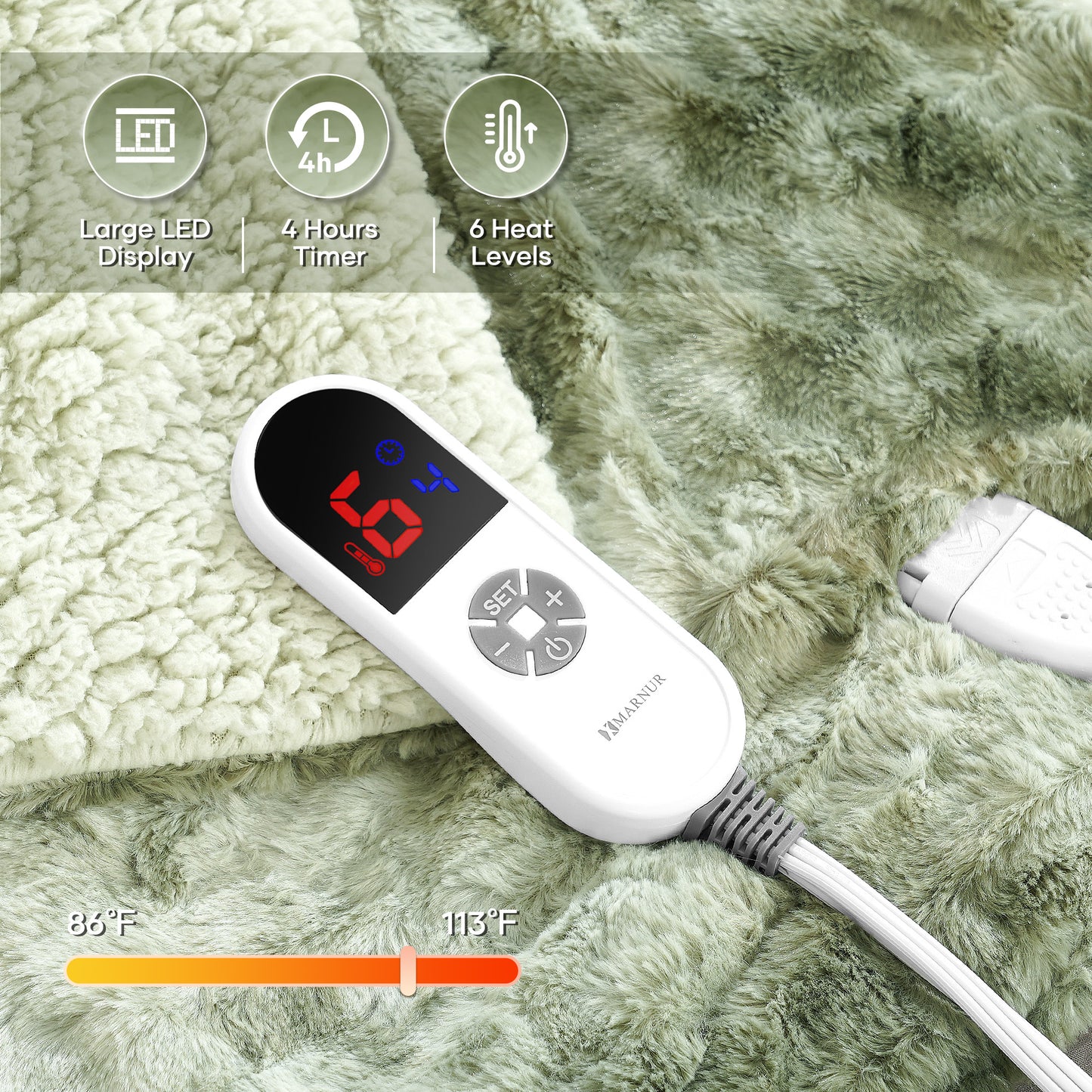 MARNUR Electric Throw Blanket 50" x 60", Soft Faux Fur Heated Blanket with Large LED Display, 6 Heating Levels, 4 Hours Timer, Machine Washable - Tie-dye Green