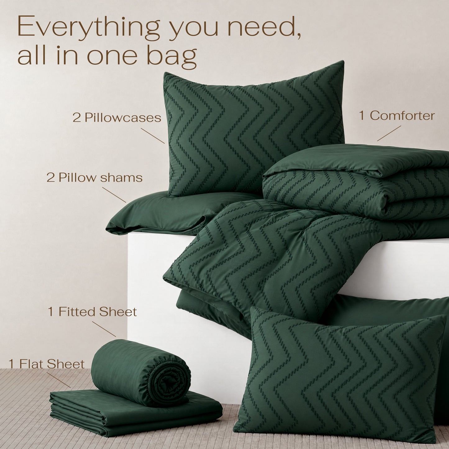 MARNUR Comforter Set Queen Size, 7 Pieces Boho Tufted Bed in a Bag Prewashed Cotton-Like Soft Bedding Set with Comforter, Sheets, Pillowcases & Shams, Emerald Green